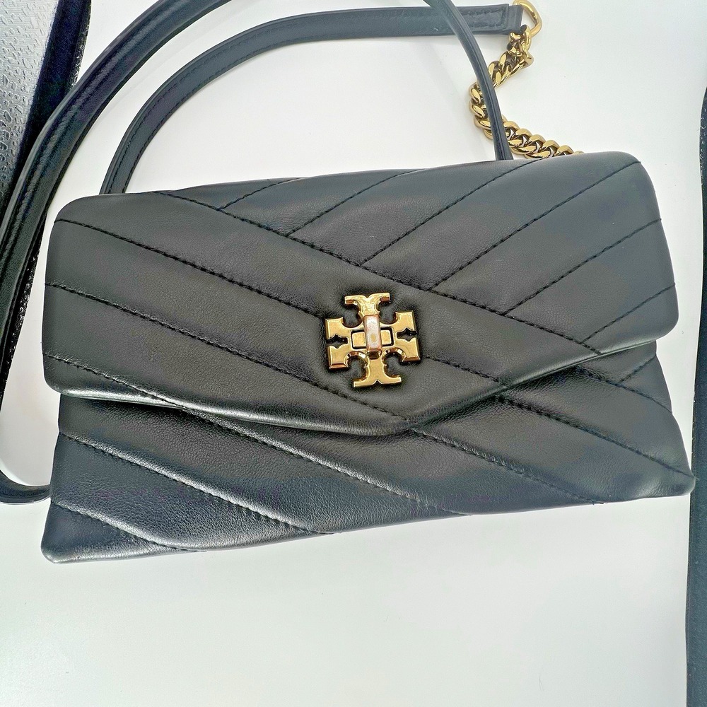 Tory Burch Kira Chevron Quilted Chain Wallet Black Leather Crossbody Authentic